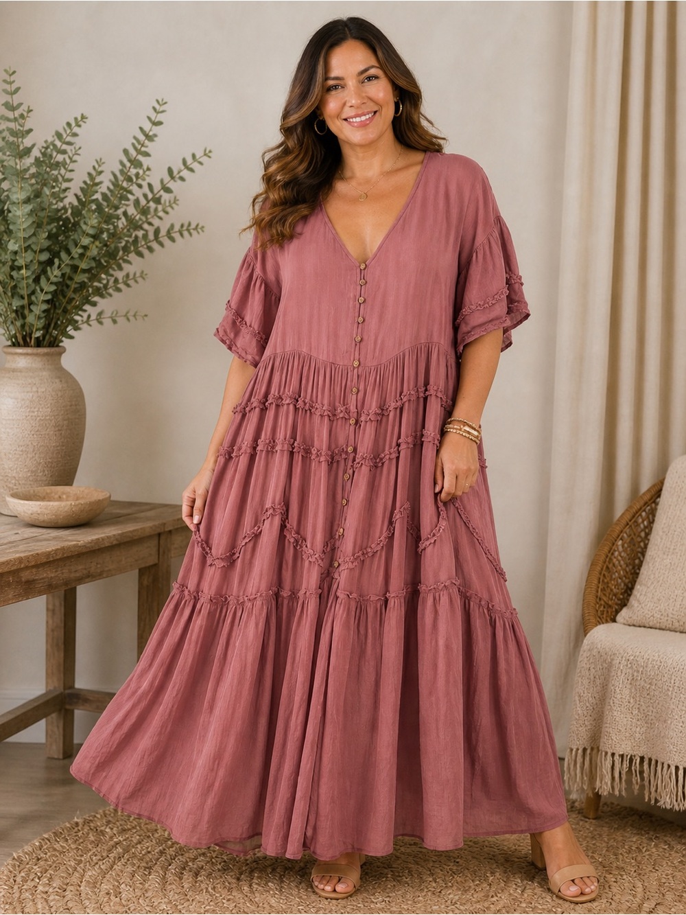 Free People Mauve Button-Front Tiered Maxi Dress